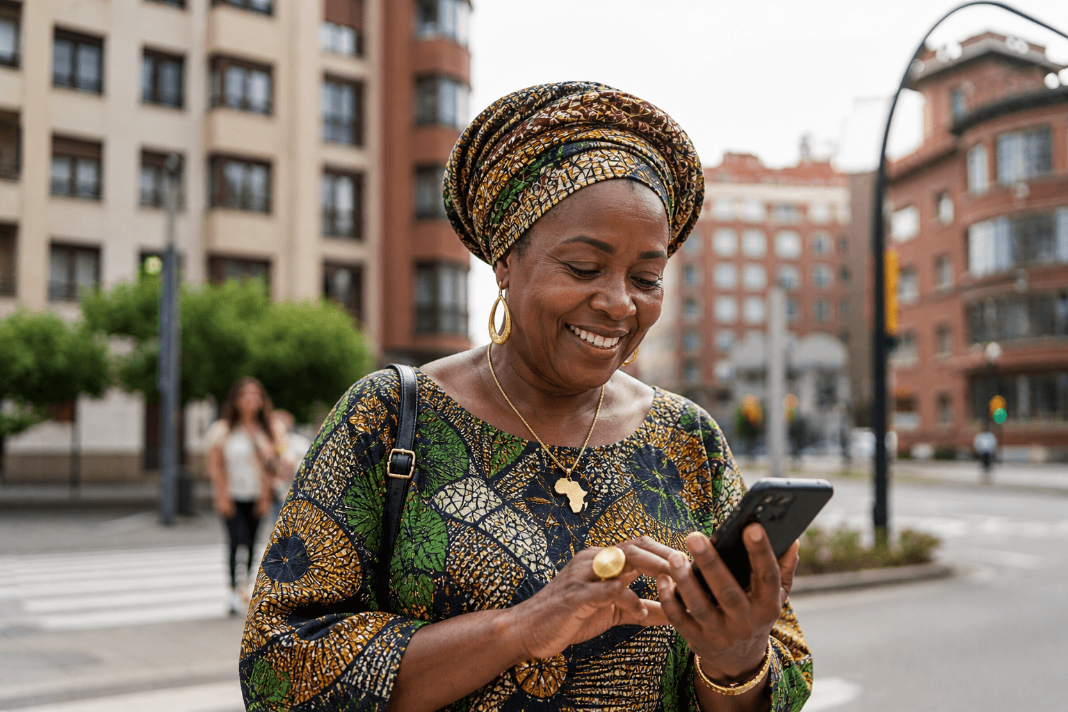 Happy woman using Jora app